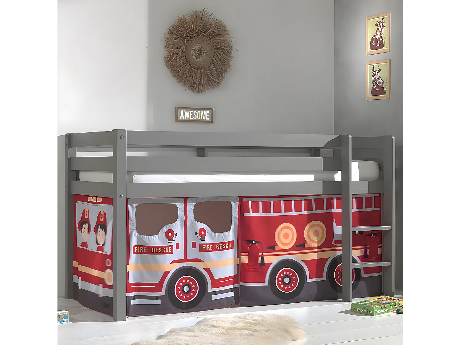 SLEEPY - Lit Mi-Haut en Pin Laqué Gris 90x200cm Housse Pompiers