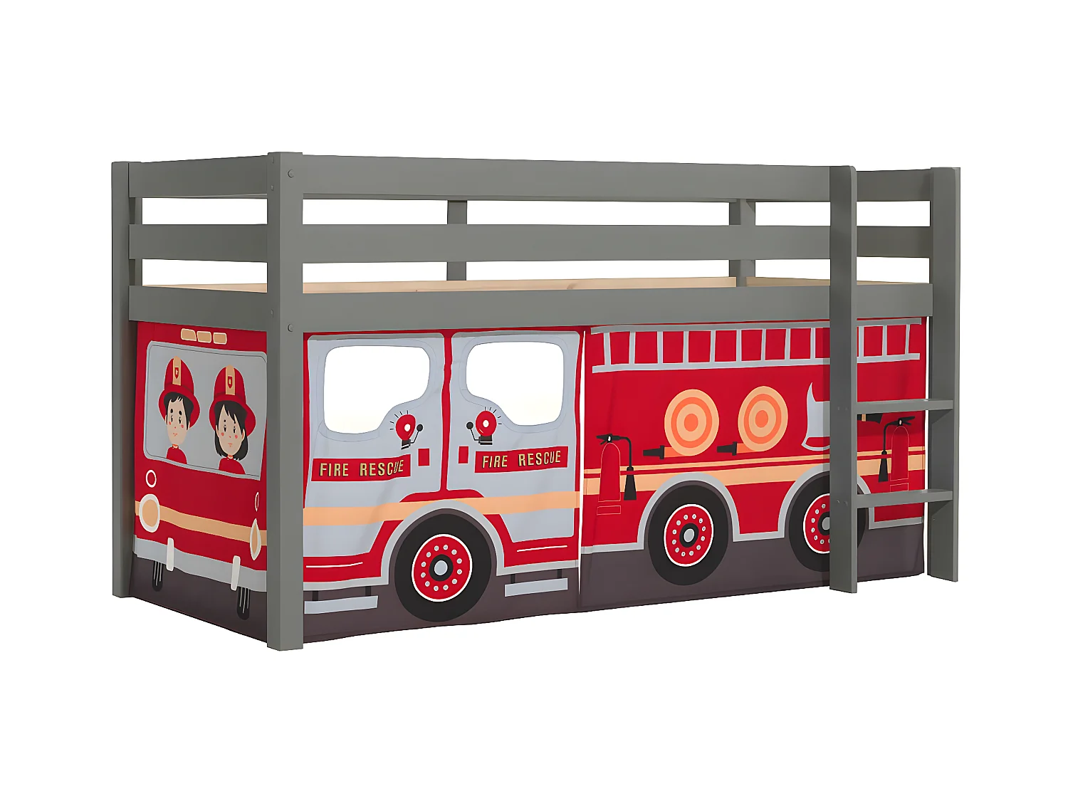 SLEEPY - Lit Mi-Haut en Pin Laqué Gris 90x200cm Housse Pompiers