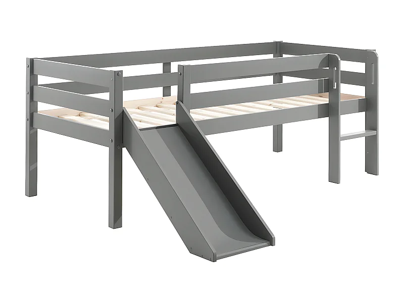 SLEEPY - Lit Surélevé en Pin Laqué Gris 90x200cm avec Tobogan