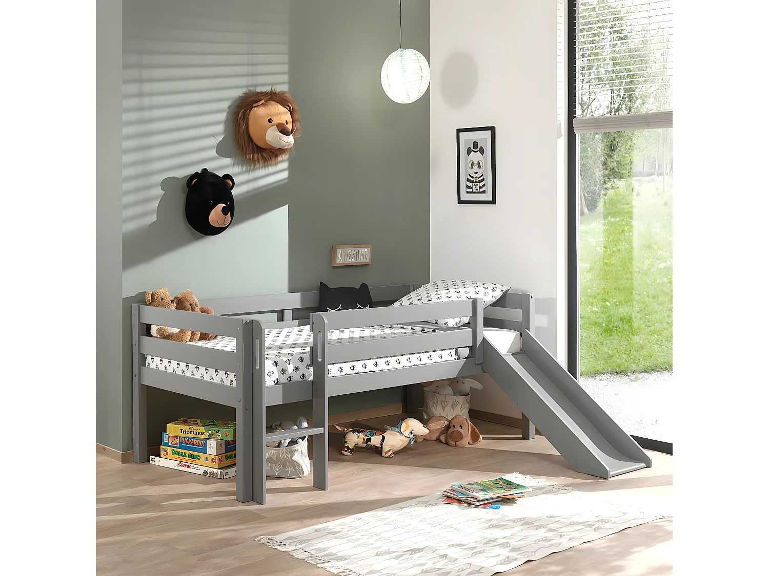 SLEEPY - Lit Surélevé en Pin Laqué Gris 90x200cm avec Tobogan
