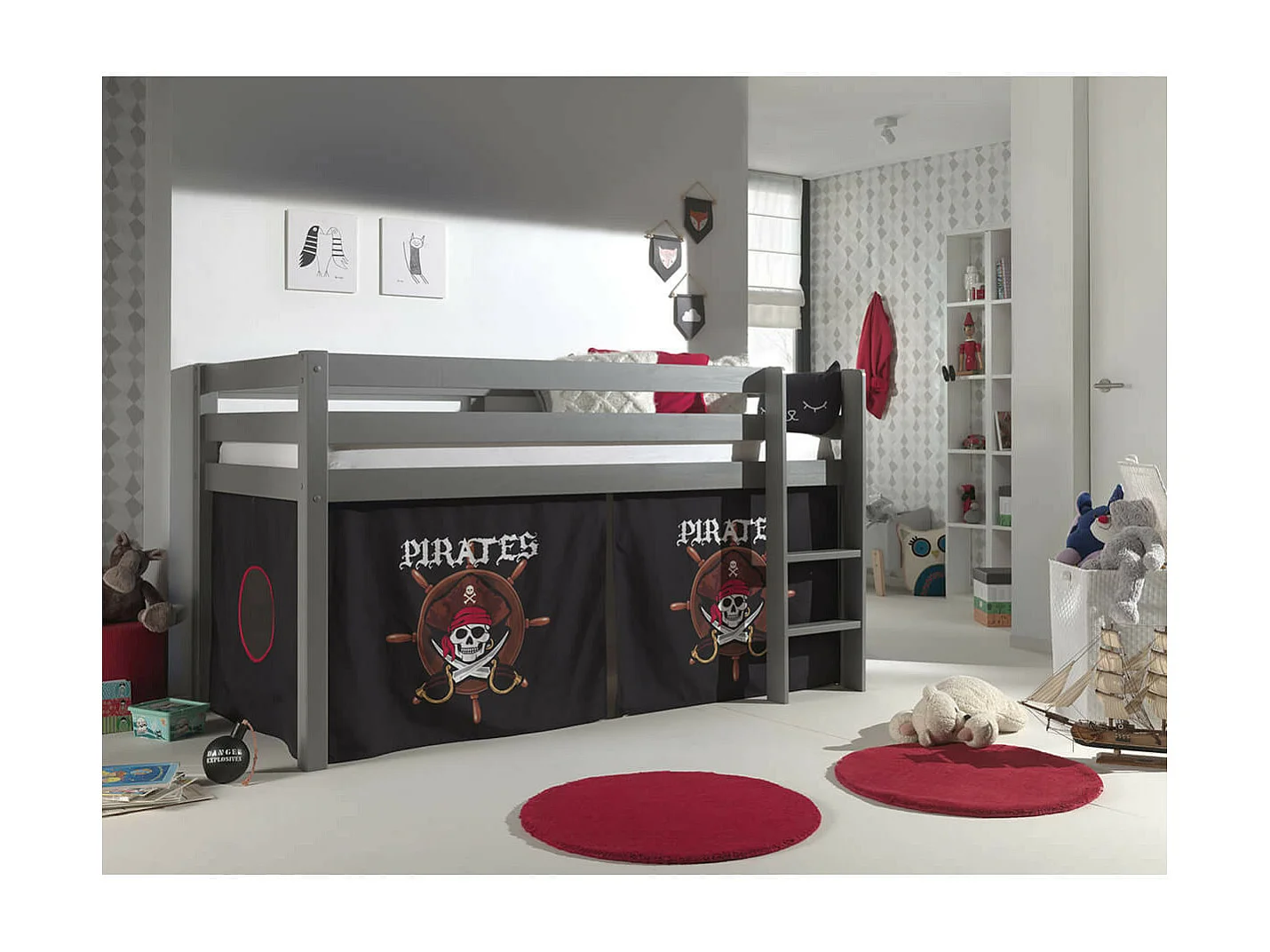 SLEEPY - Lit Mi-Haut en Pin Laqué Gris 90x200cm Housse Pirates