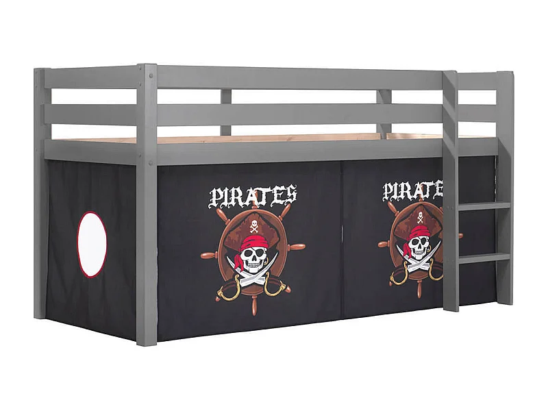 SLEEPY - Lit Mi-Haut en Pin Laqué Gris 90x200cm Housse Pirates