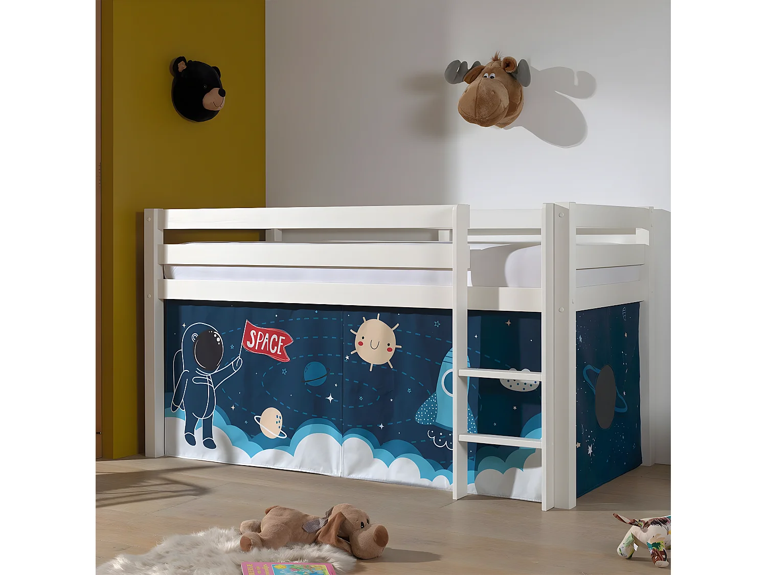 SLEEPY - Lit Mi-Haut en Pin Laqué Blanc 90x200cm Housse Espace