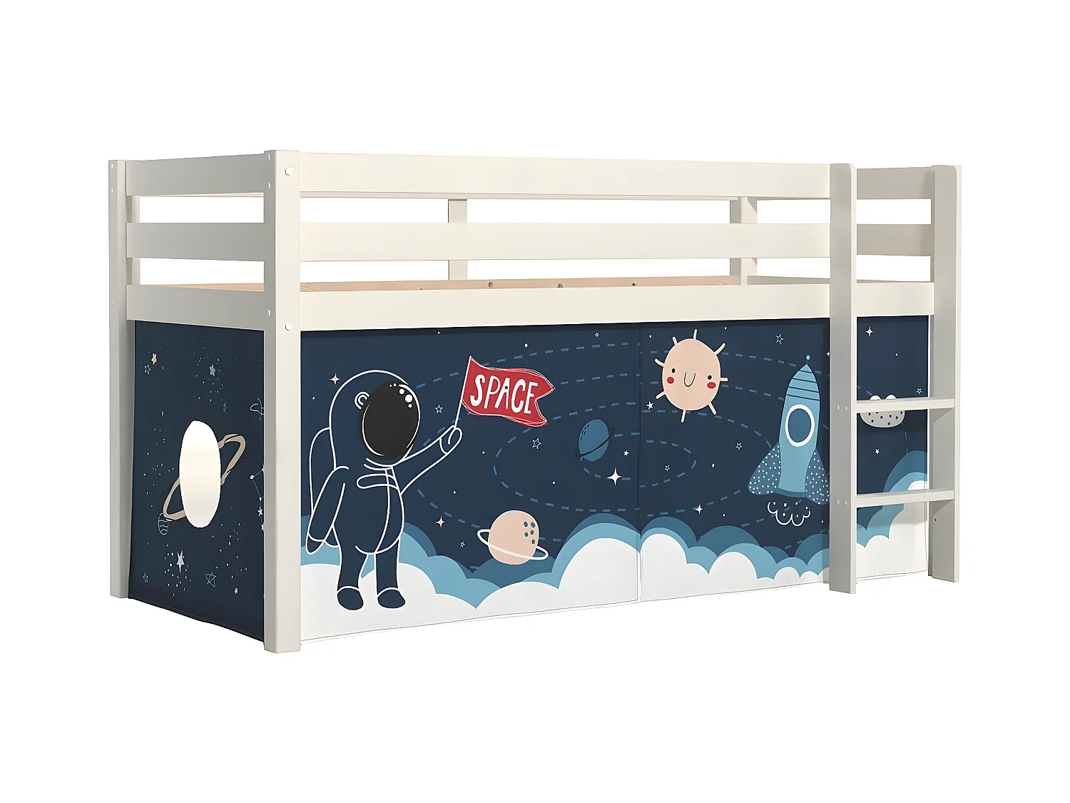SLEEPY - Lit Mi-Haut en Pin Laqué Blanc 90x200cm Housse Espace