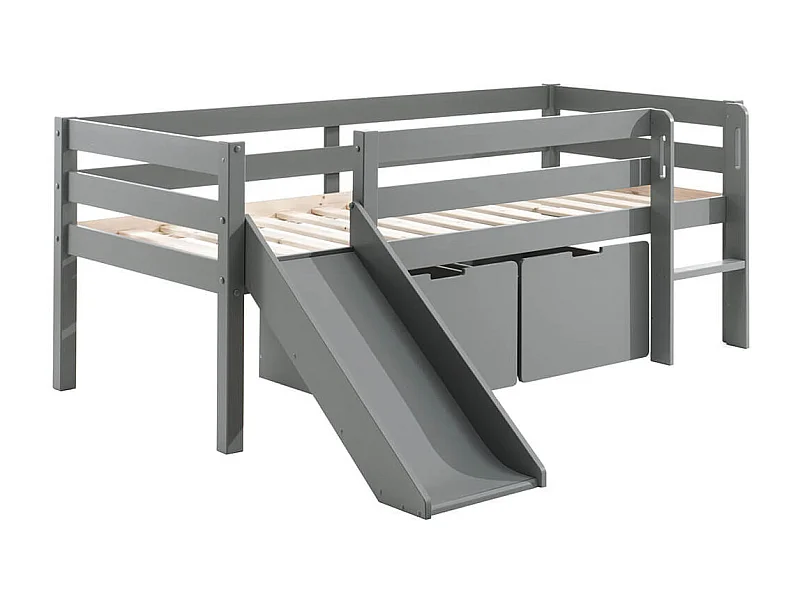 SLEEPY - Lit Surélevé en Pin Laqué Gris 90x200cm avec Tobogan et 2 Tiroirs