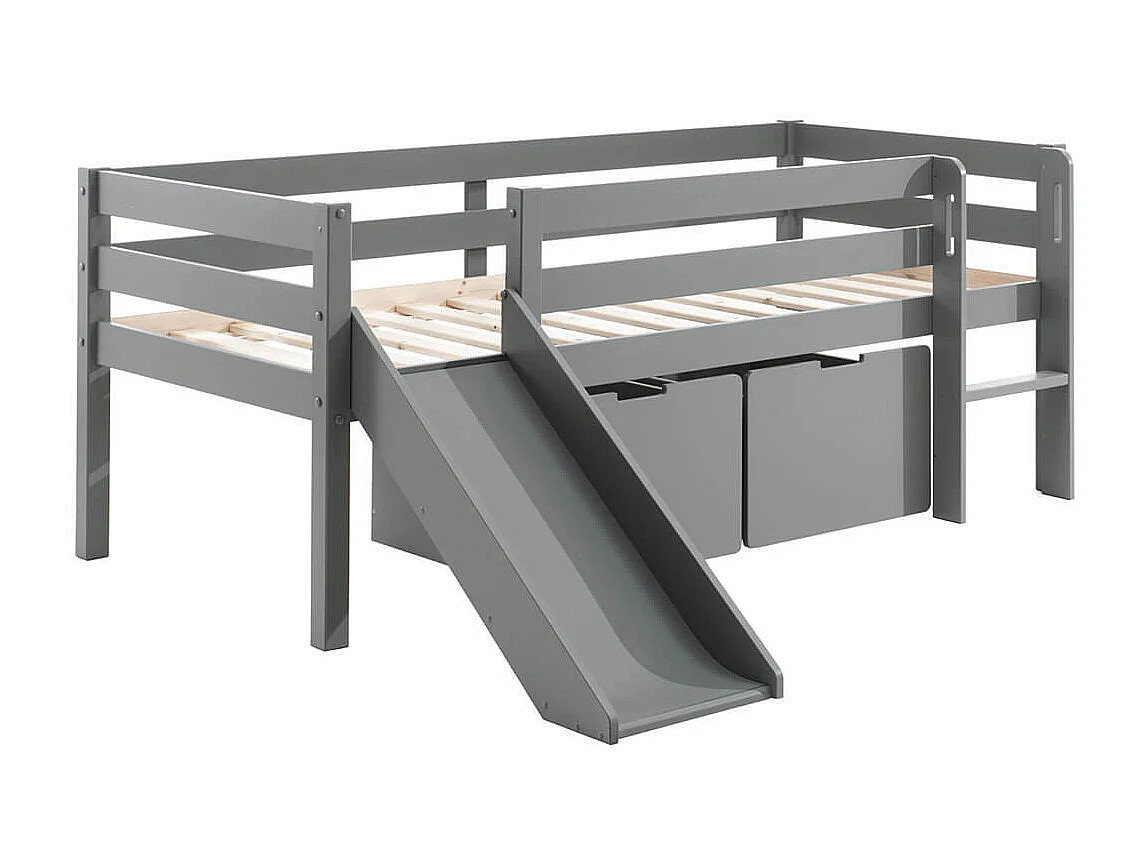 SLEEPY - Lit Surélevé en Pin Laqué Gris 90x200cm avec Tobogan et 2 Tiroirs