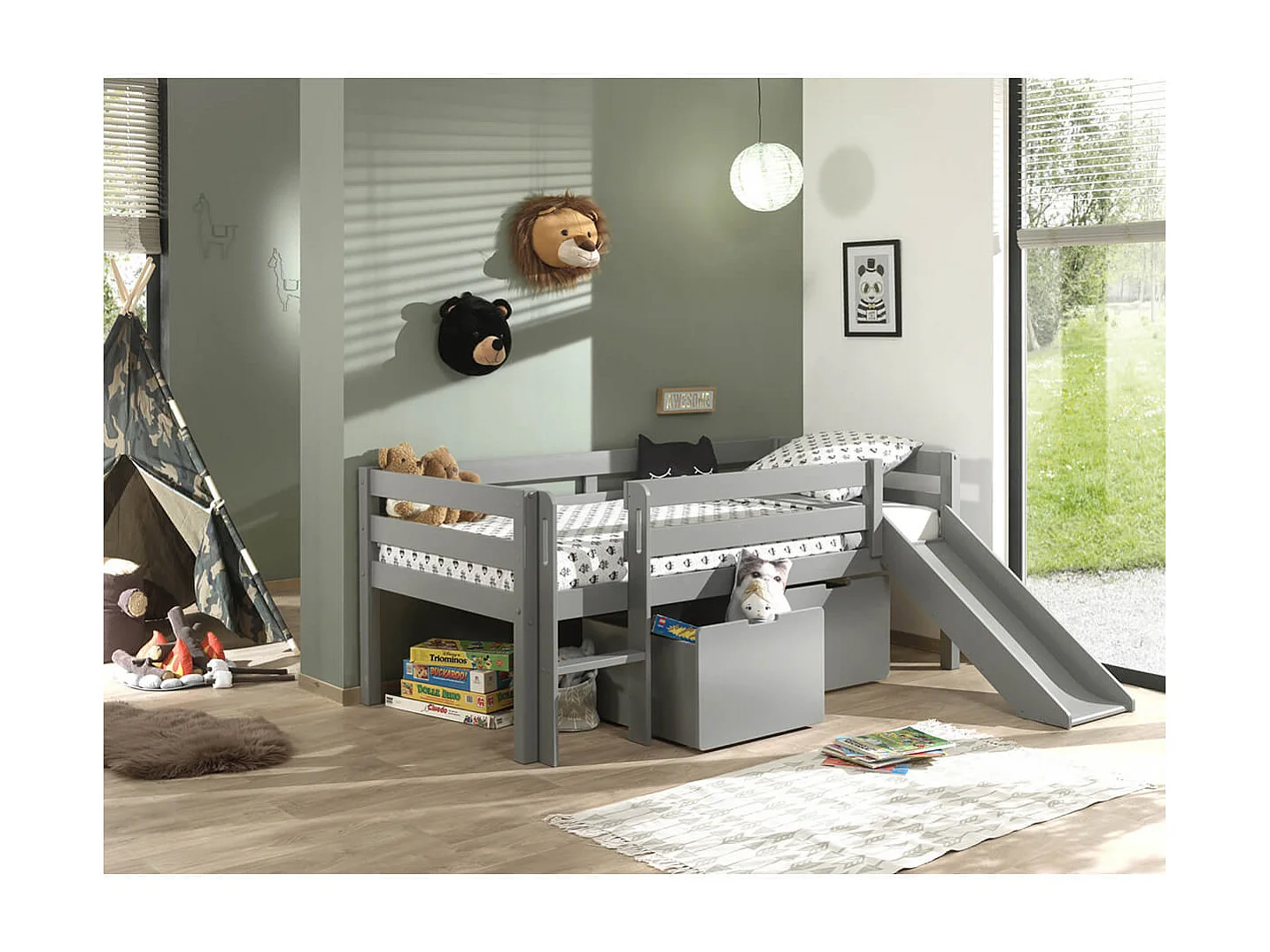 SLEEPY - Lit Surélevé en Pin Laqué Gris 90x200cm avec Tobogan et 2 Tiroirs