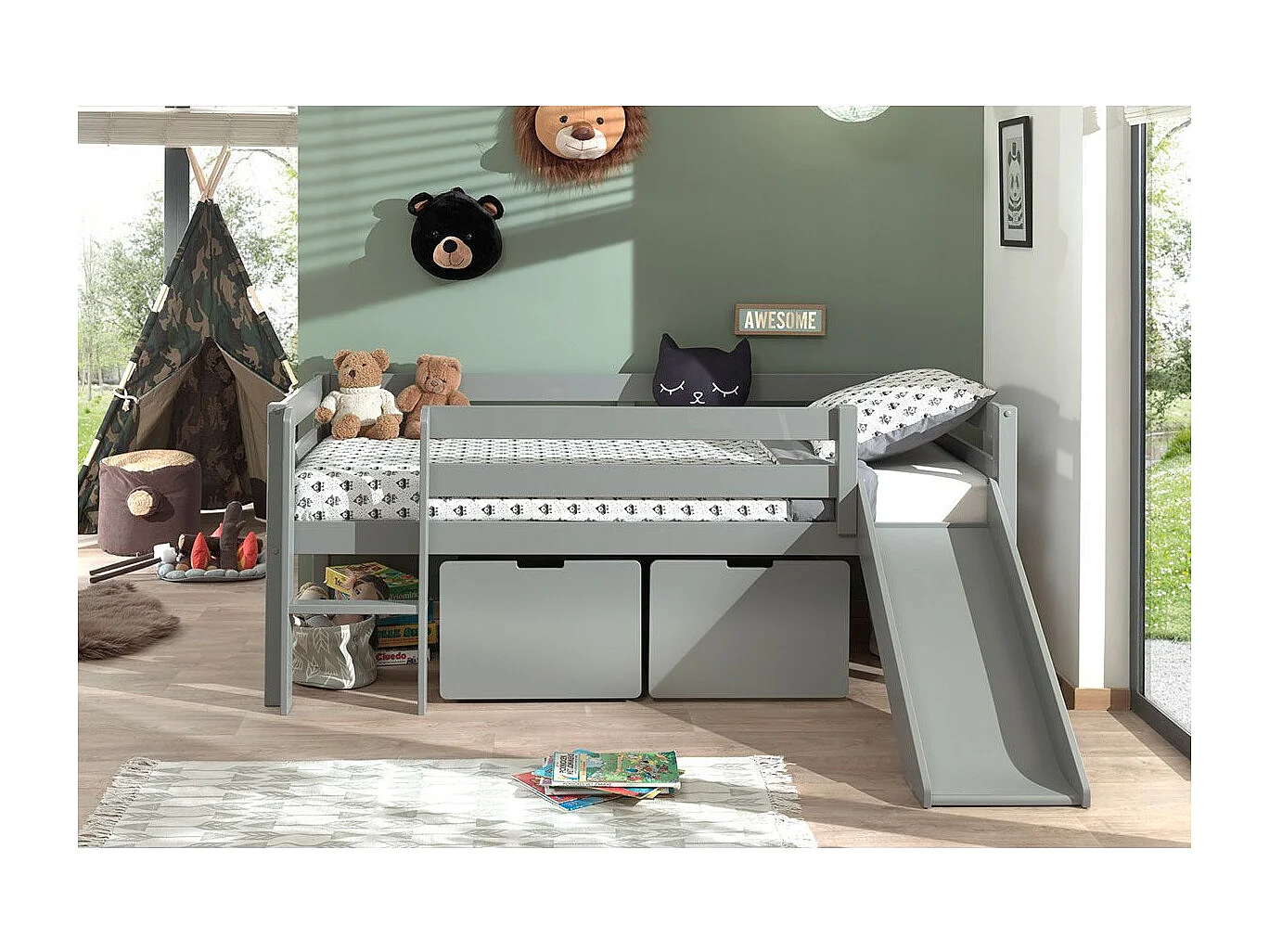 SLEEPY - Lit Surélevé en Pin Laqué Gris 90x200cm avec Tobogan et 2 Tiroirs