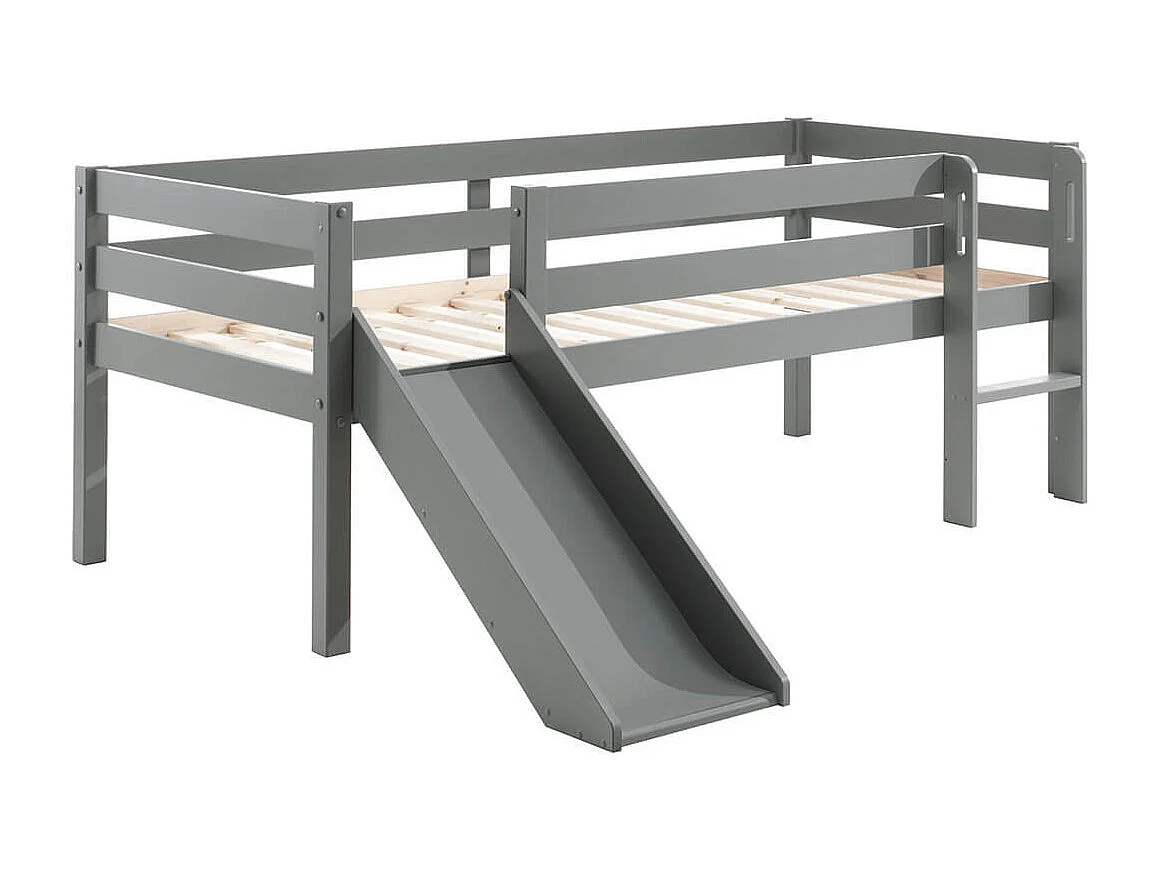 SLEEPY - Lit Surélevé en Pin Laqué Gris 90x200cm avec Tobogan et 2 Tiroirs