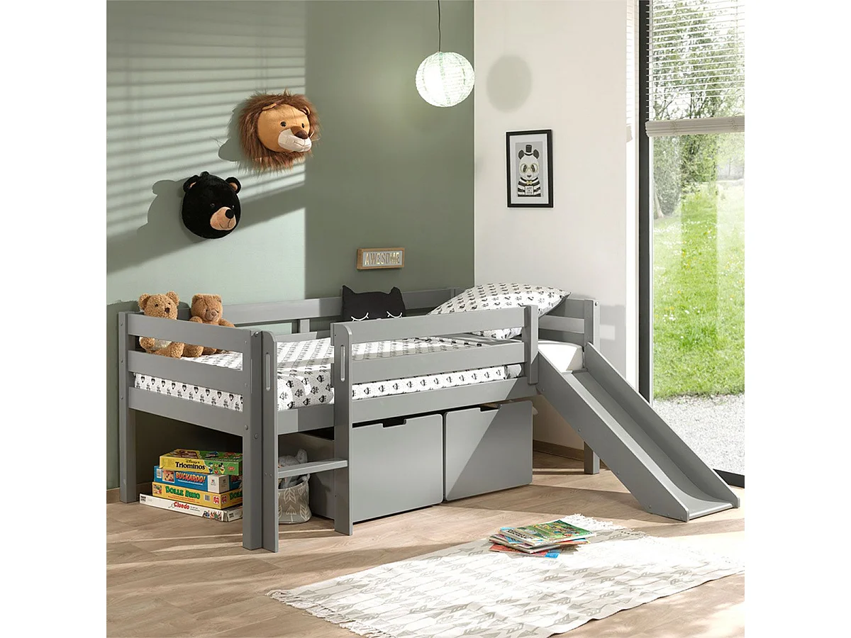 SLEEPY - Lit Surélevé en Pin Laqué Gris 90x200cm avec Tobogan et 2 Tiroirs