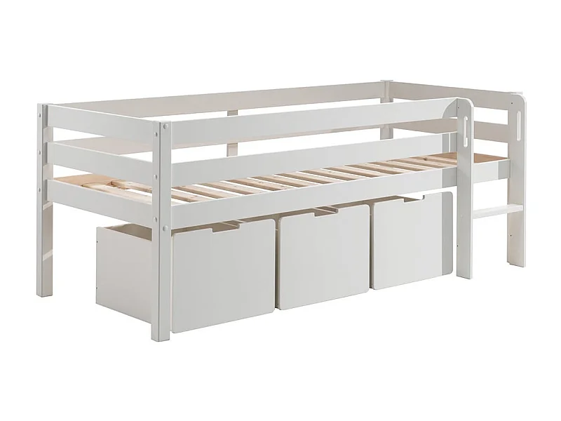 SLEEPY - Lit Surélevé en Pin Laqué Blanc 90x200cm avec 3 Tiroirs