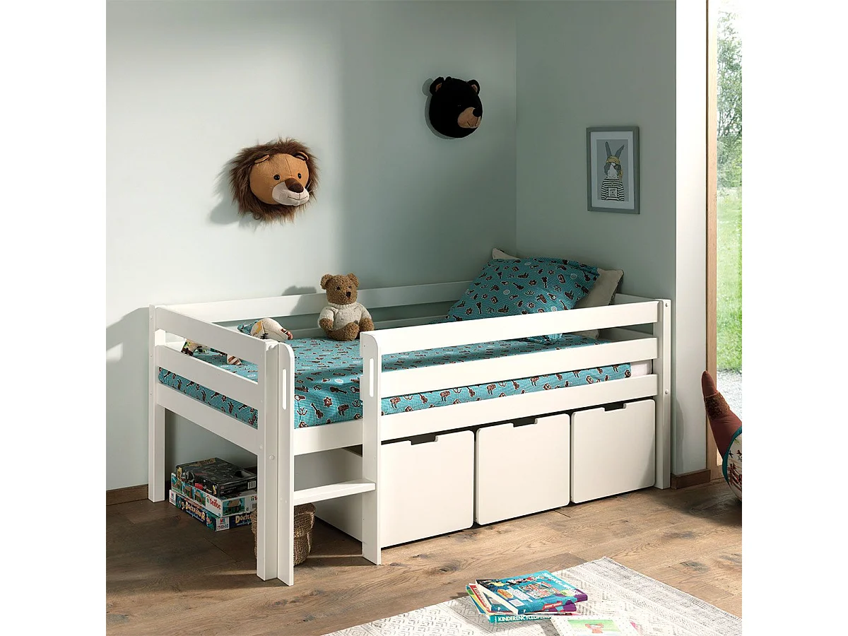 SLEEPY - Lit Surélevé en Pin Laqué Blanc 90x200cm avec 3 Tiroirs