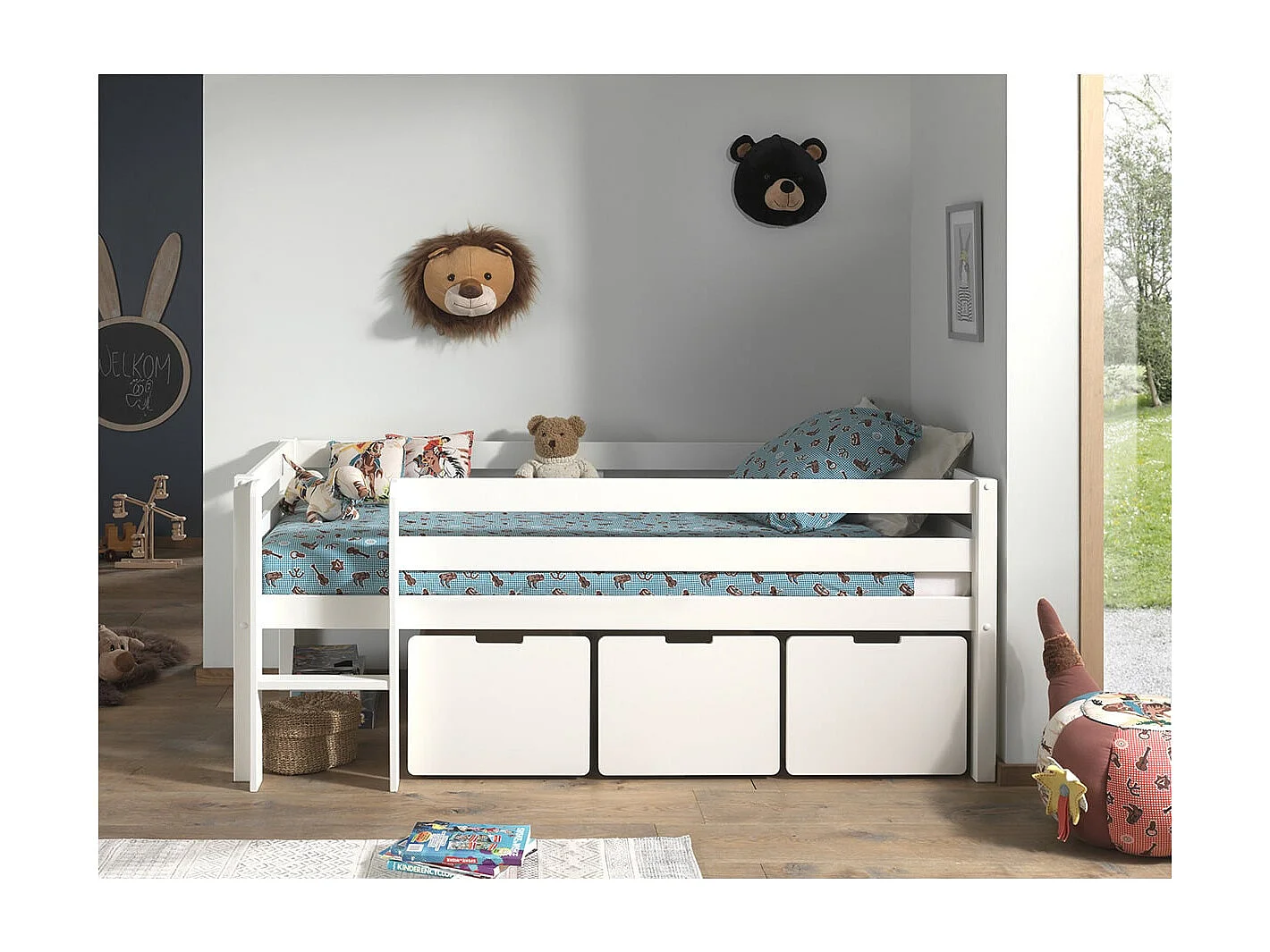 SLEEPY - Lit Surélevé en Pin Laqué Blanc 90x200cm avec 3 Tiroirs