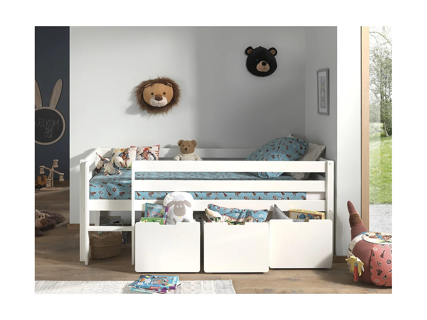 SLEEPY - Lit Surélevé en Pin Laqué Blanc 90x200cm avec 3 Tiroirs