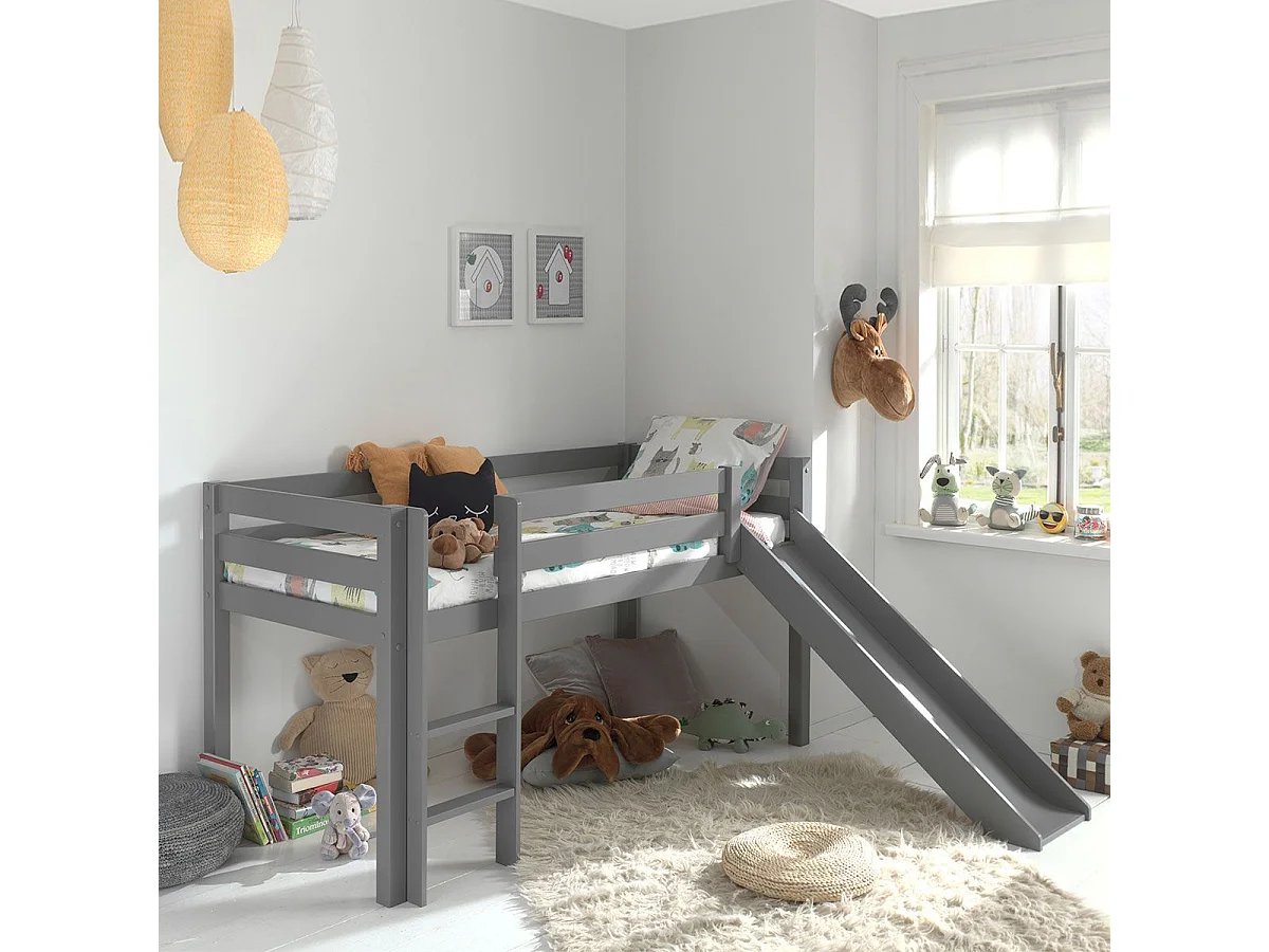 SLEEPY - Lit Mi-Haut Tobogan en Pin Laqué Gris 90x200cm