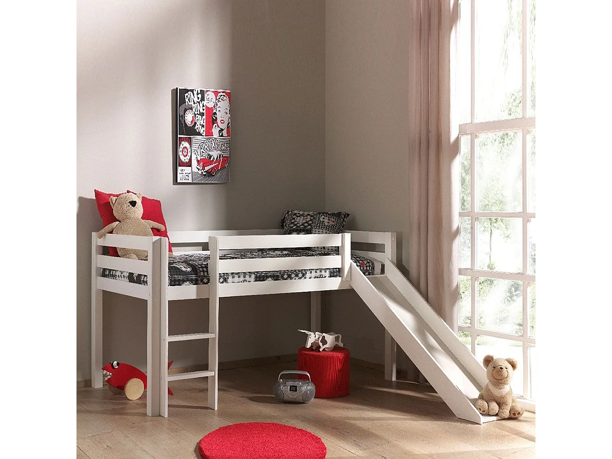 SLEEPY - Lit Mi-Hauteur Tobogan en Pin Laqué Blanc 90x200cm