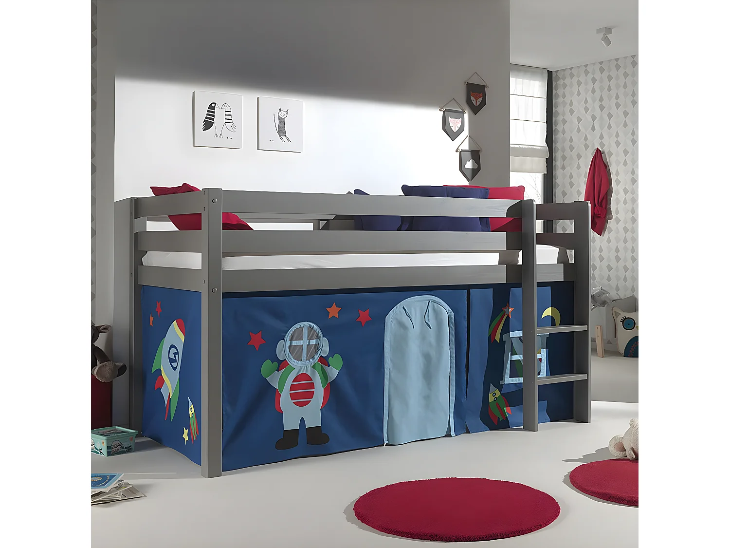 SLEEPY - Lit Mi-Haut en Pin Laqué Gris 90x200cm Housse Astro