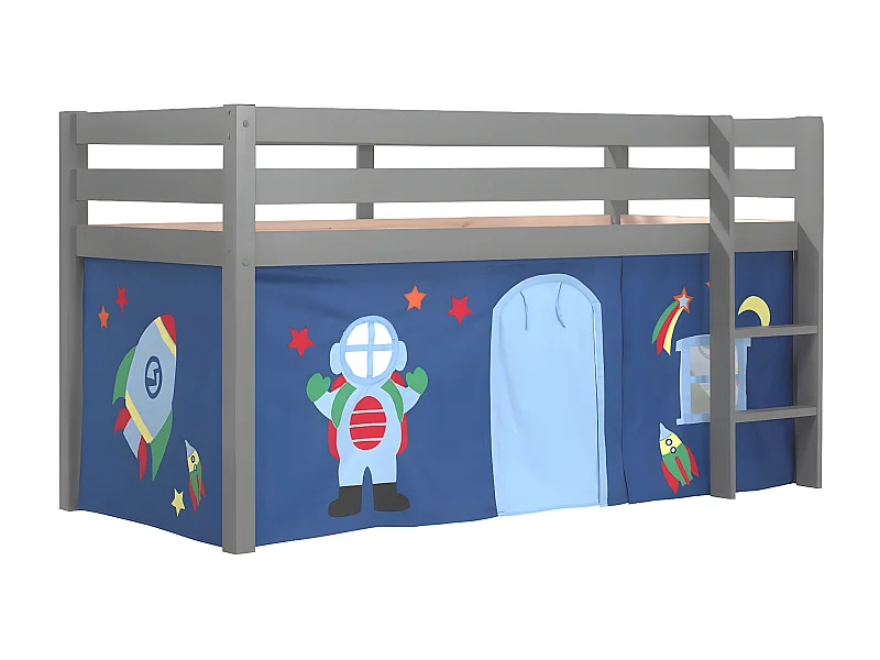 SLEEPY - Lit Mi-Haut en Pin Laqué Gris 90x200cm Housse Astro