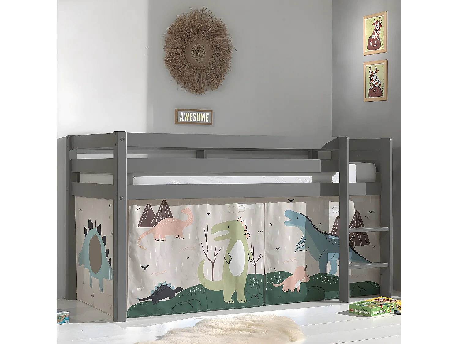 SLEEPY - Lit Mi-Haut en Pin Laqué Gris 90x200cm Housse Dino