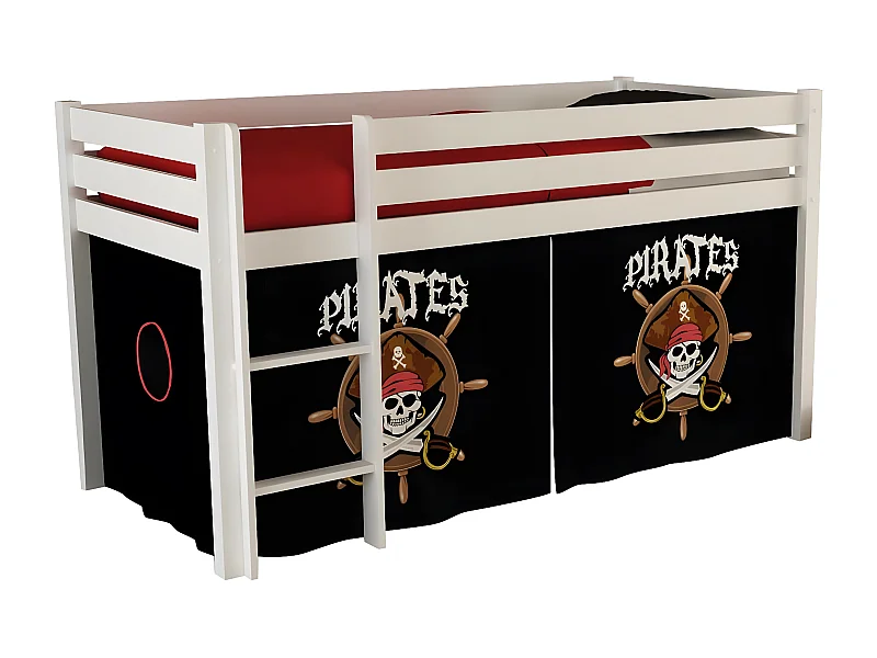 SLEEPY - Lit Mi-Haut en Pin Laqué Blanc 90x200cm Housse Pirates