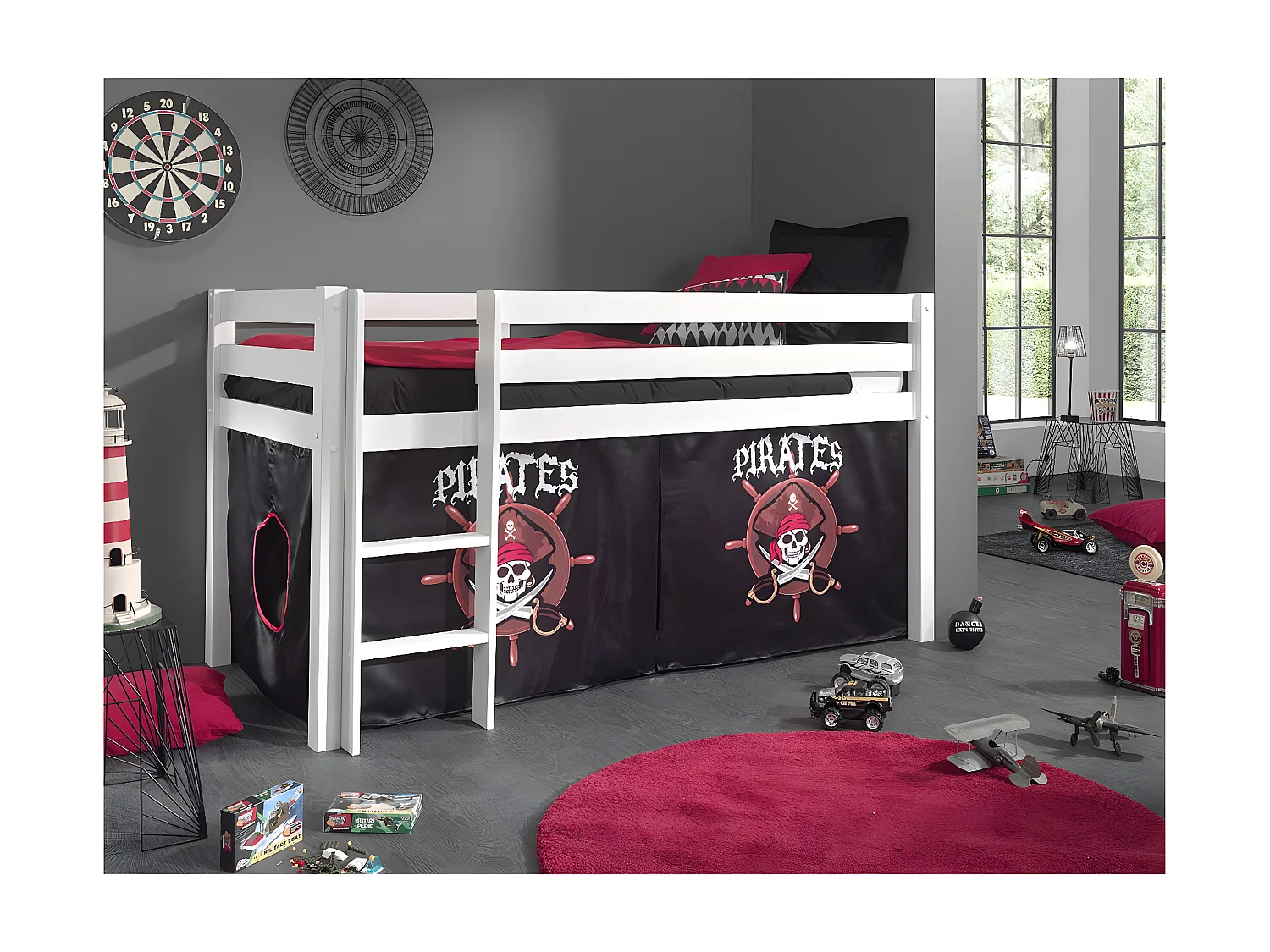 SLEEPY - Lit Mi-Haut en Pin Laqué Blanc 90x200cm Housse Pirates