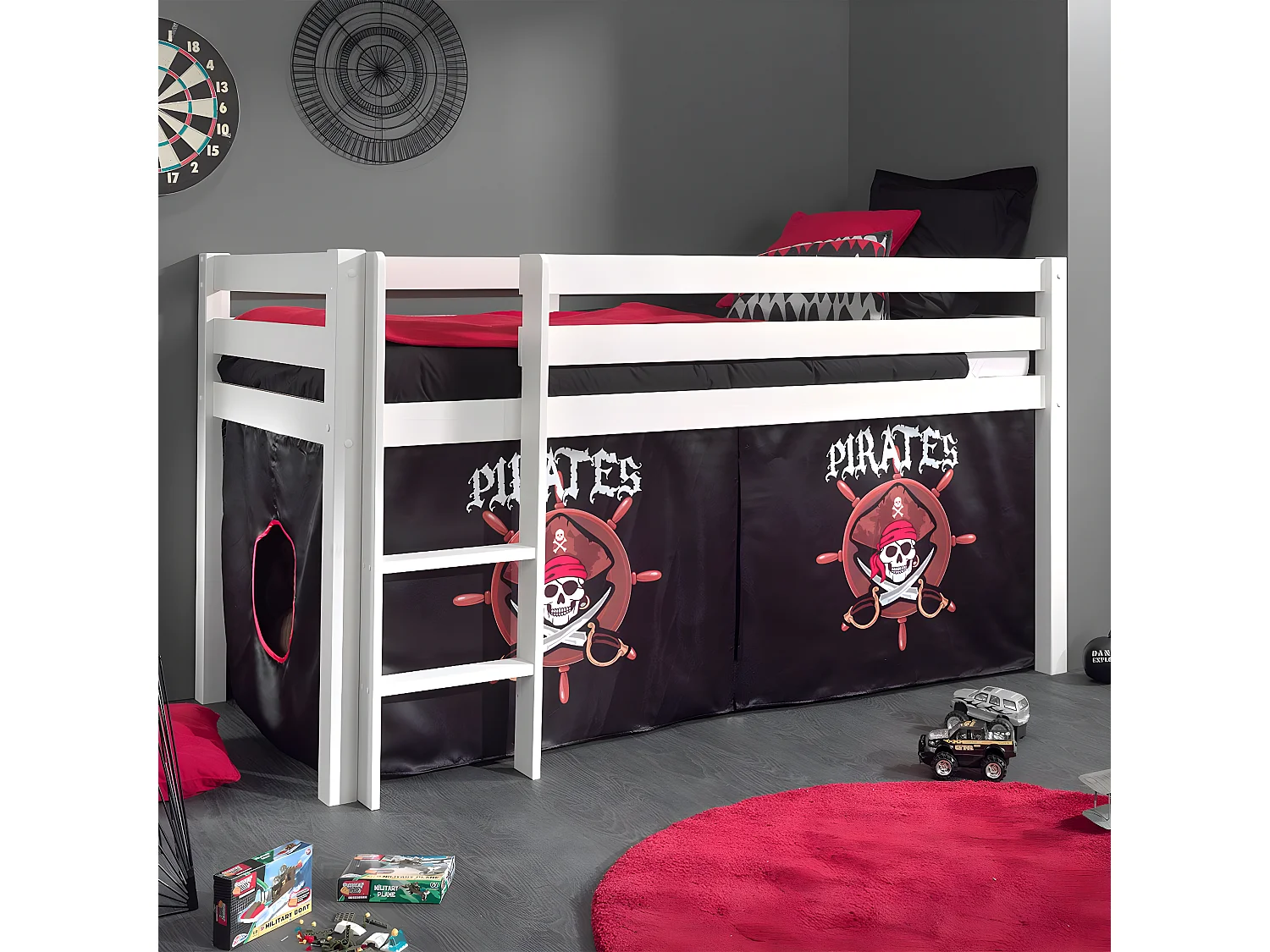 SLEEPY - Lit Mi-Haut en Pin Laqué Blanc 90x200cm Housse Pirates