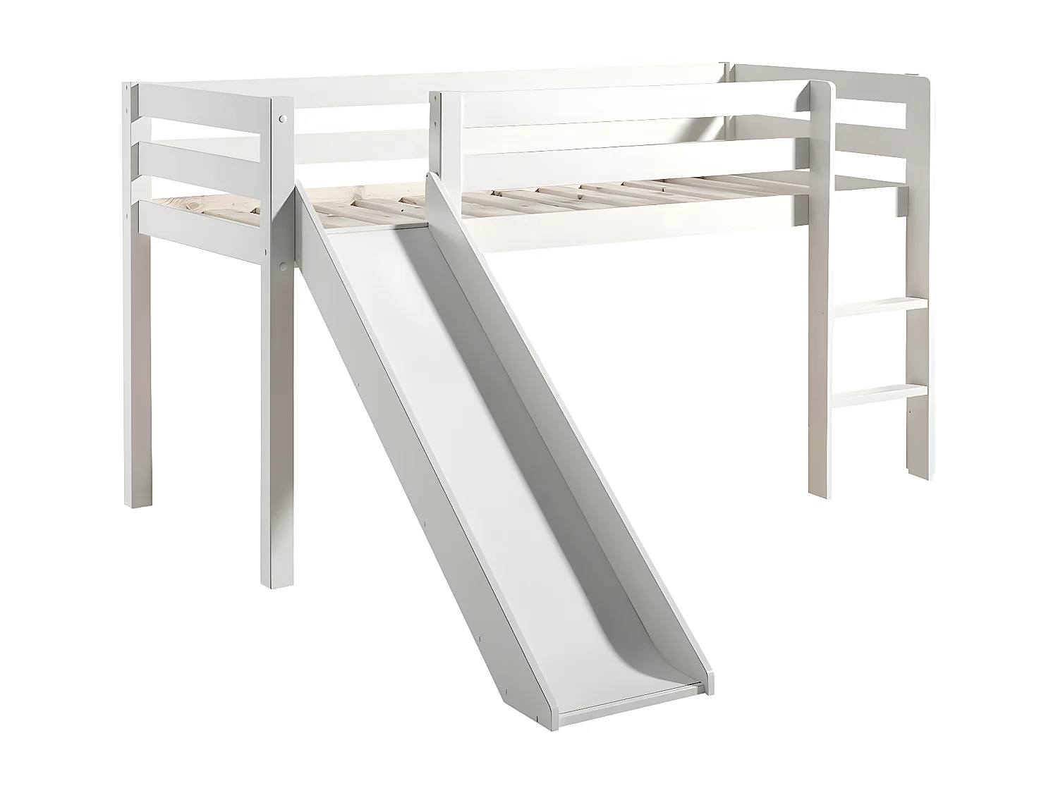 SLEEPY - Lit Mi-Haut Tobogan en Pin Laqué Blanc 90x200cm avec Housse Espace