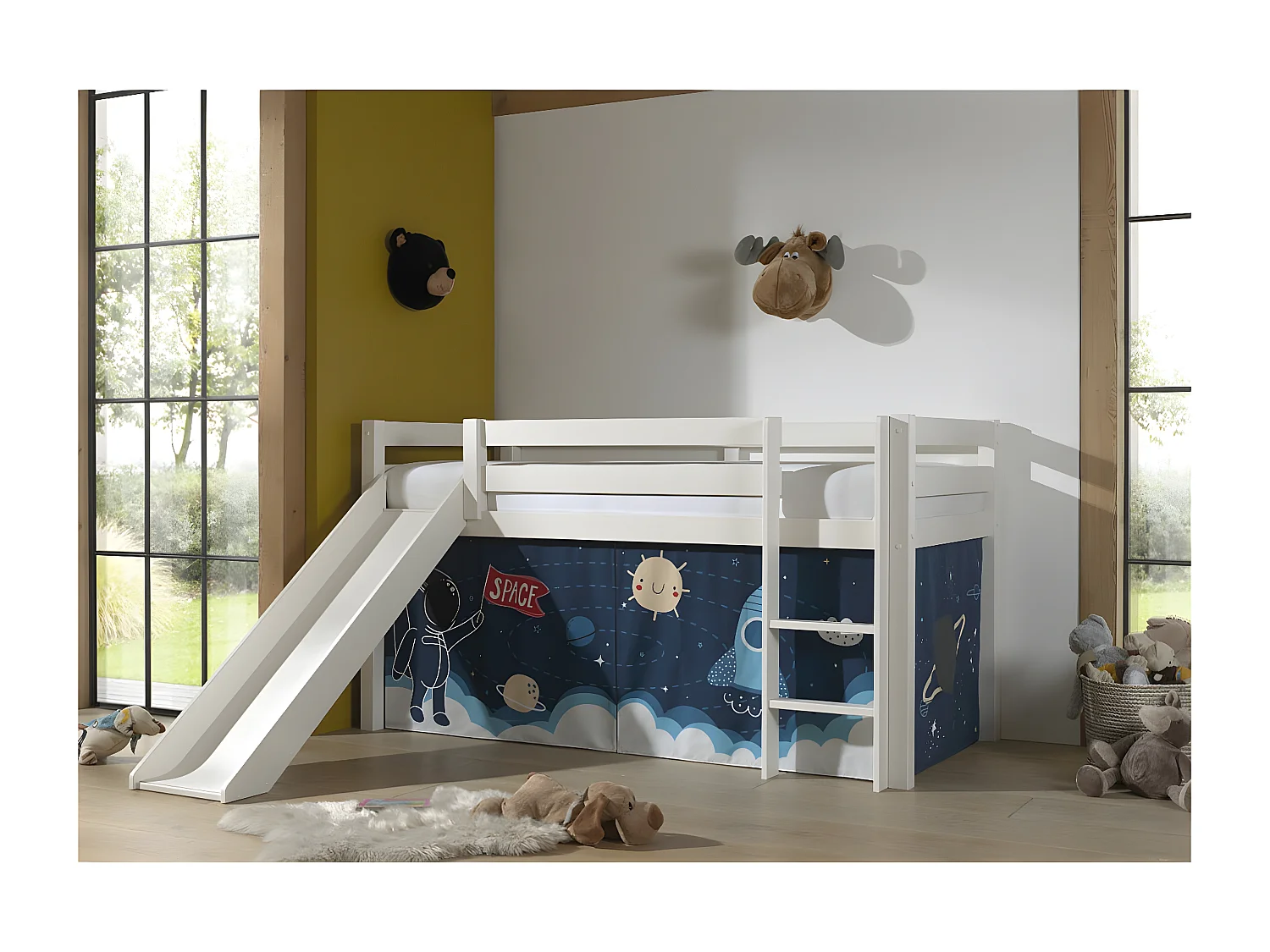 SLEEPY - Lit Mi-Haut Tobogan en Pin Laqué Blanc 90x200cm avec Housse Espace