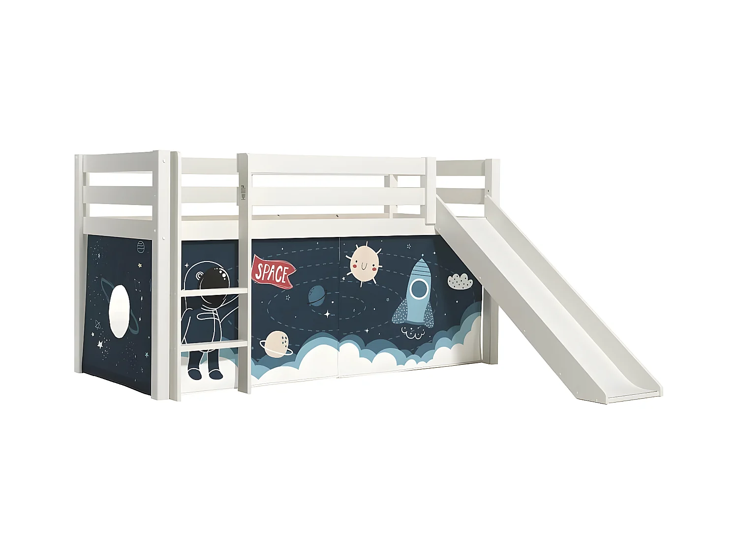 SLEEPY - Lit Mi-Haut Tobogan en Pin Laqué Blanc 90x200cm avec Housse Espace