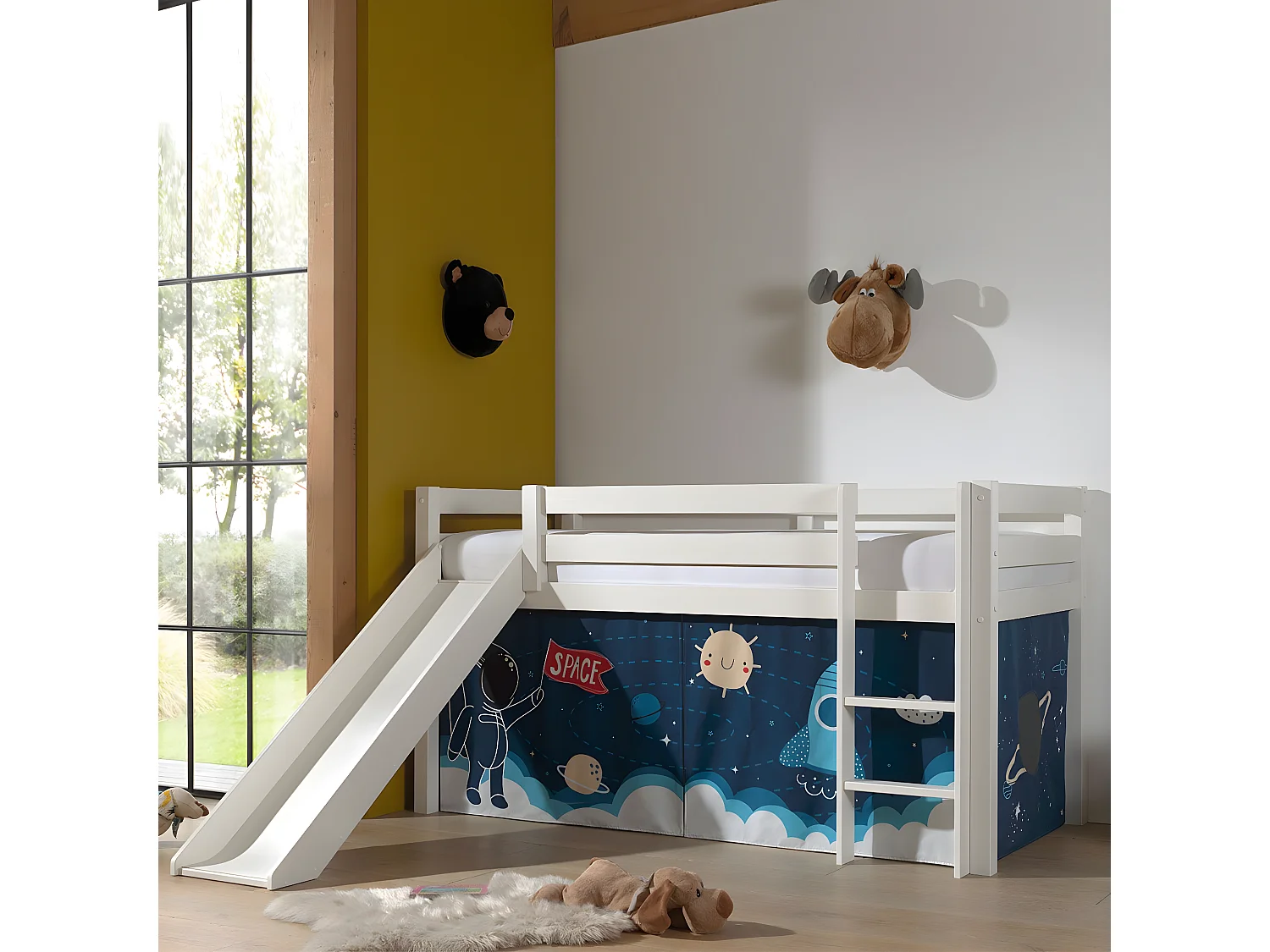 SLEEPY - Lit Mi-Haut Tobogan en Pin Laqué Blanc 90x200cm avec Housse Espace