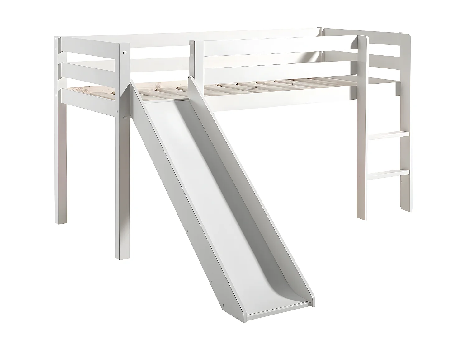 SLEEPY - Lit Mi-Haut Tobogan en Pin Laqué Blanc 90x200cm avec Housse Espace