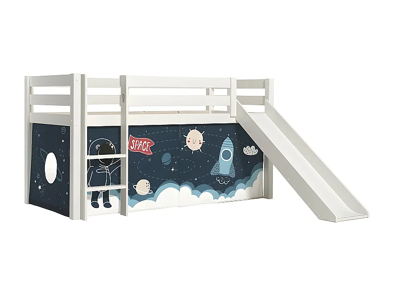 SLEEPY - Lit Mi-Haut Tobogan en Pin Laqué Blanc 90x200cm avec Housse Espace