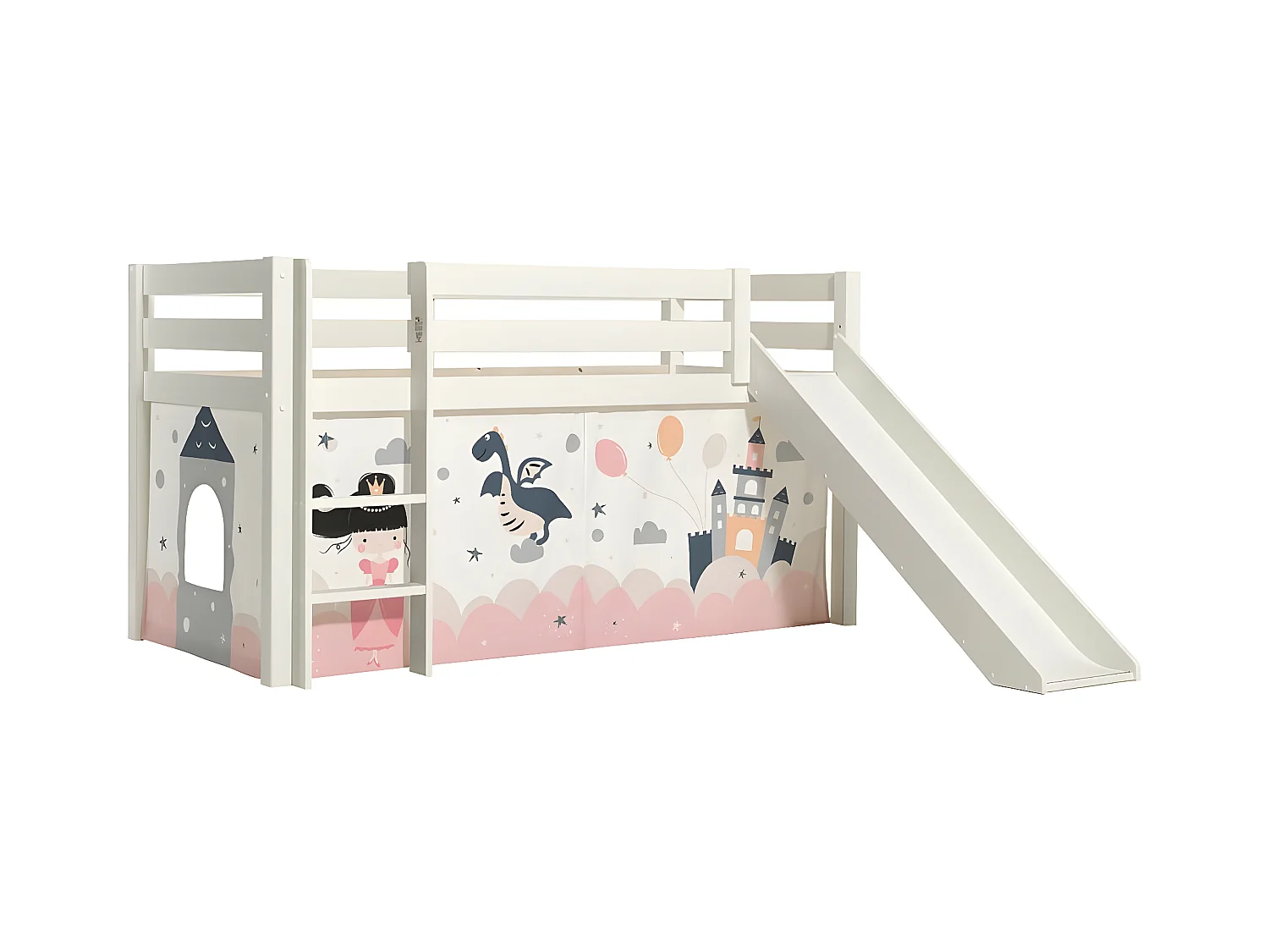 SLEEPY - Lit Mi-Haut Tobogan en Pin Laqué Blanc 90x200cm avec Housse Princesse