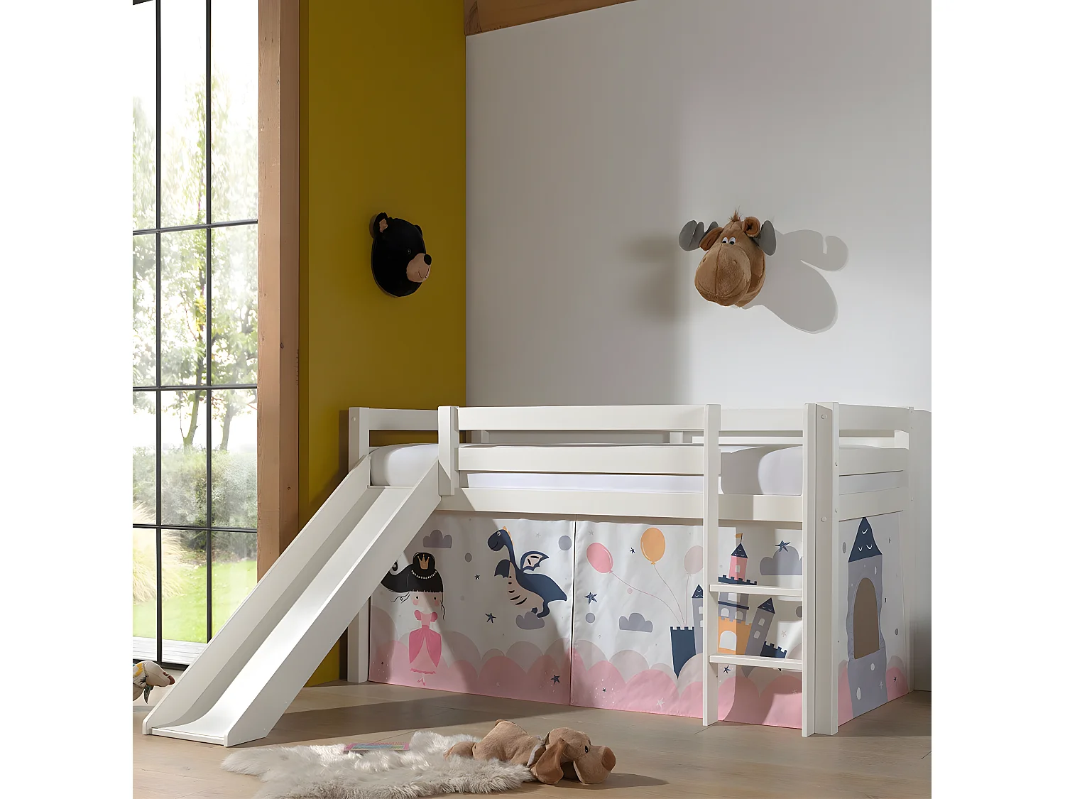 SLEEPY - Lit Mi-Haut Tobogan en Pin Laqué Blanc 90x200cm avec Housse Princesse