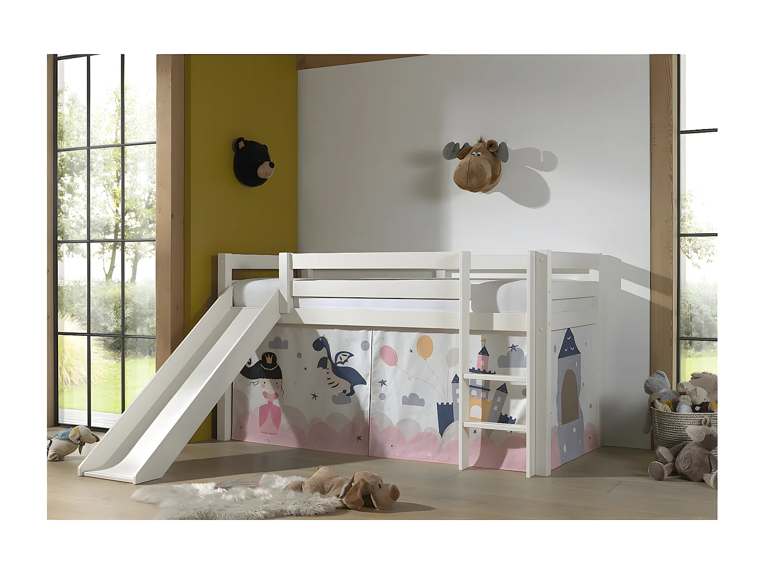 SLEEPY - Lit Mi-Haut Tobogan en Pin Laqué Blanc 90x200cm avec Housse Princesse