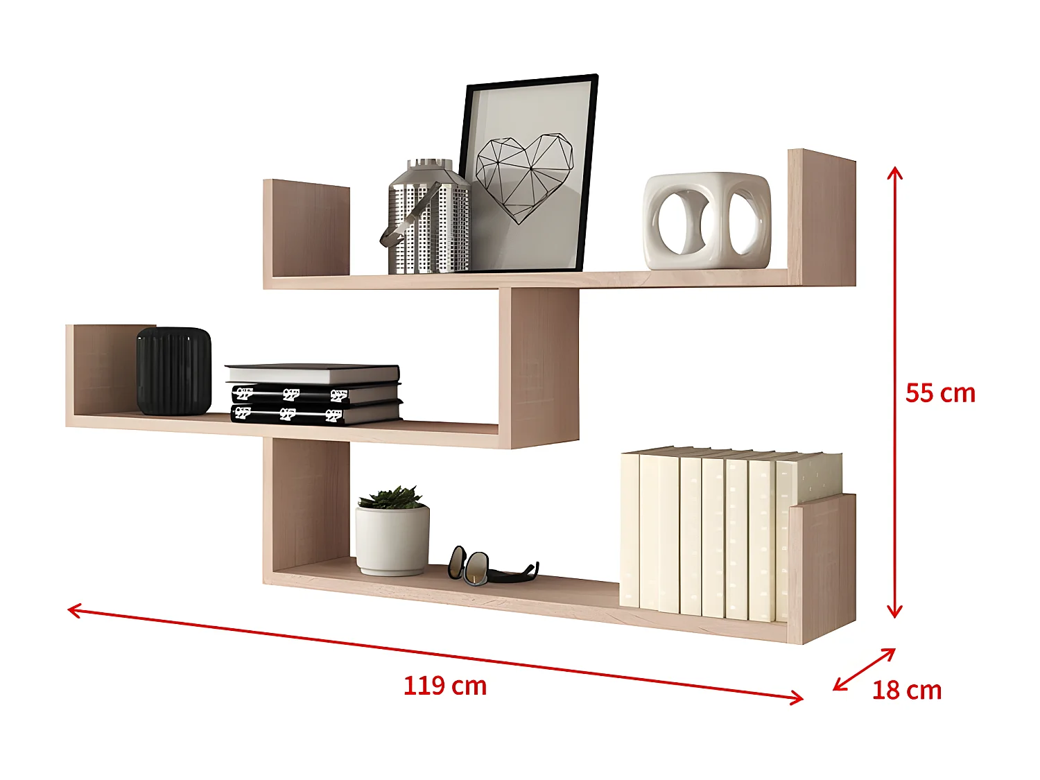 Wandregal - 3 Regalböden, 55 x 119 cm - Sonoma Eiche hell - KASSI
