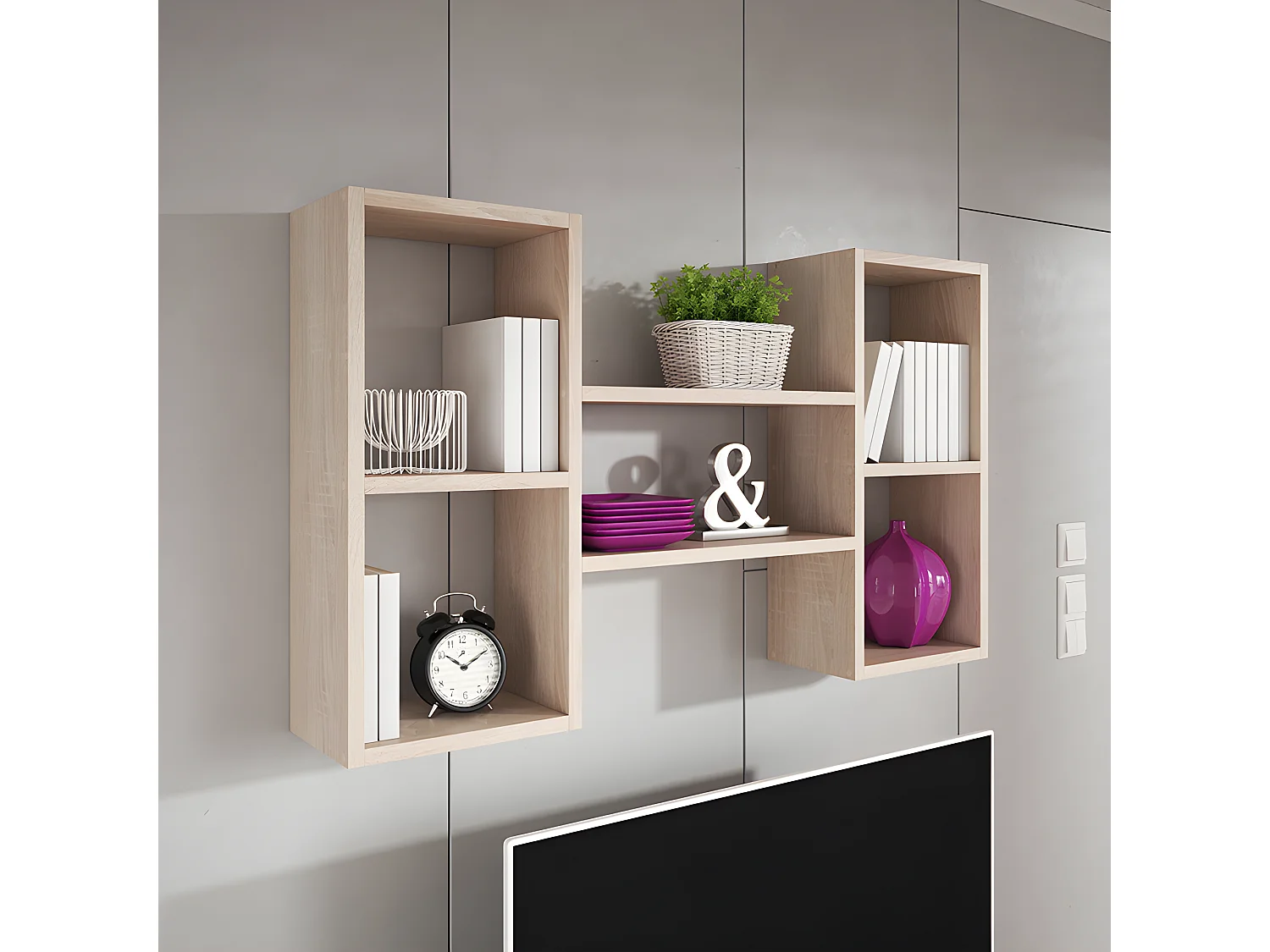 Wandregal - mit 5 offenen Fächern in 2 unterschiedlichen Größen, 60 x 102 cm - Sonoma Eiche hell - KASSI