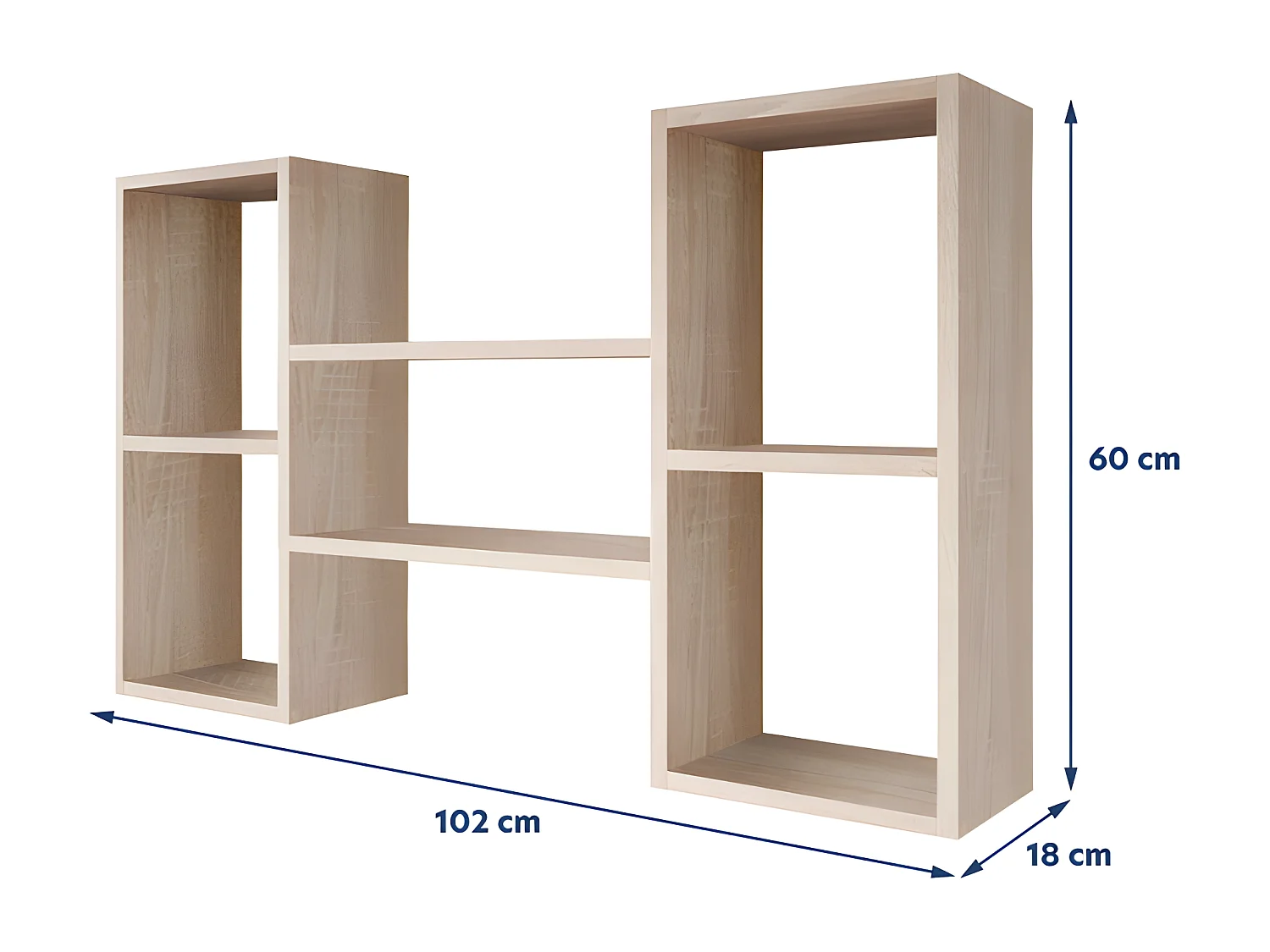 Wandregal - mit 5 offenen Fächern in 2 unterschiedlichen Größen, 60 x 102 cm - Sonoma Eiche hell - KASSI