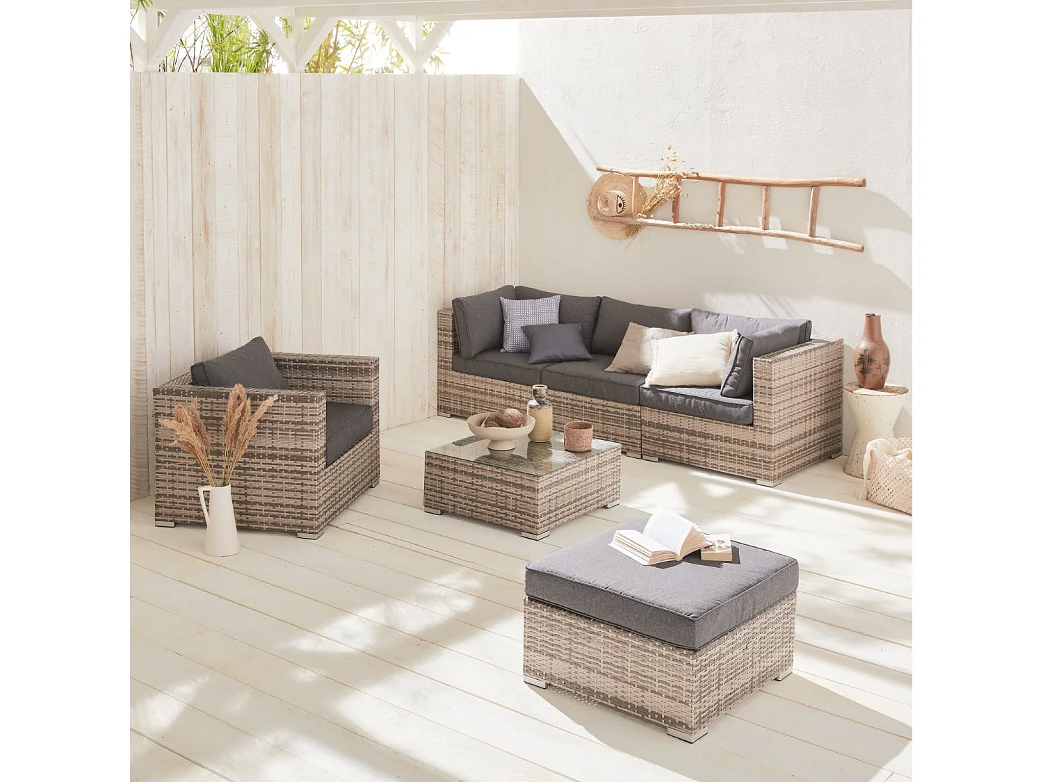 Conjunto de jardín en resina trenzada, 5 plazas varios tonos de grises