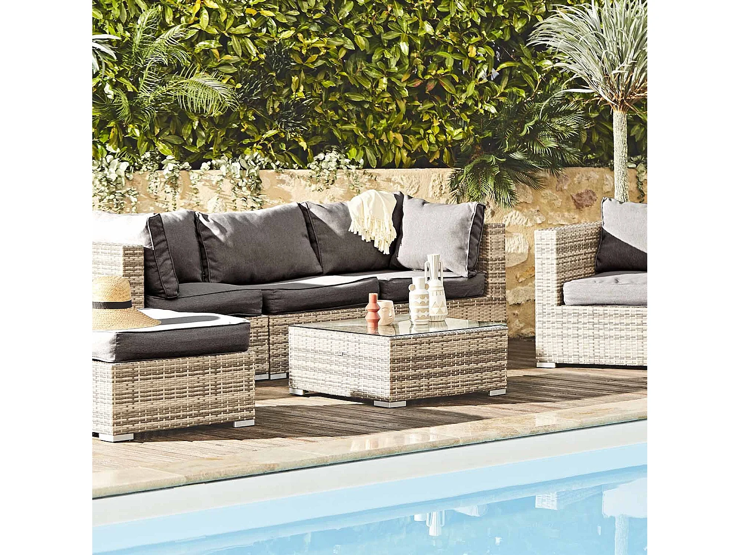Conjunto de jardín en resina trenzada, 5 plazas varios tonos de grises