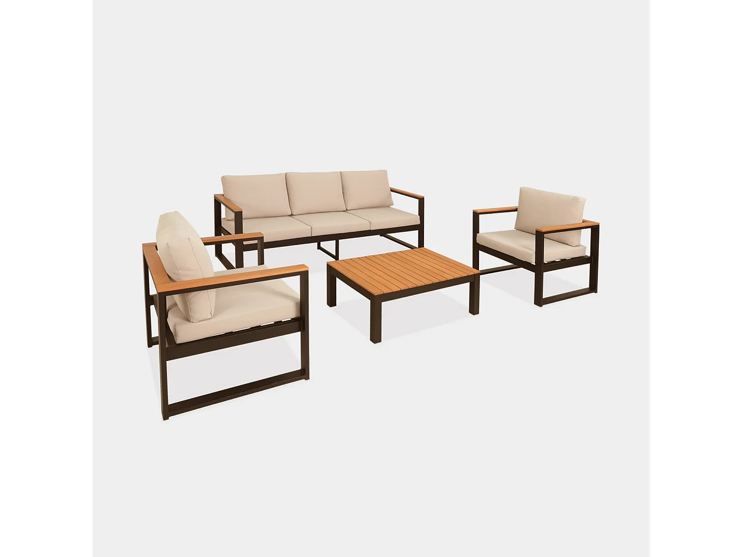 Salon de jardin 5 places en aluminium et eucalyptus – NAZCA – Structure noire. Coussins beige