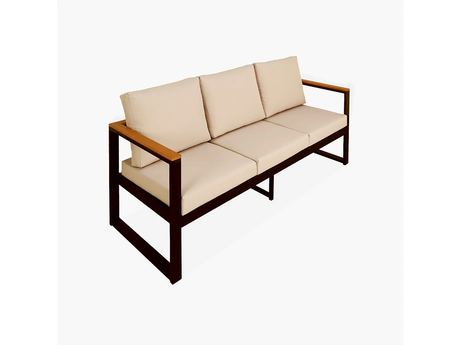 Salon de jardin 5 places en aluminium et eucalyptus – NAZCA – Structure noire. Coussins beige