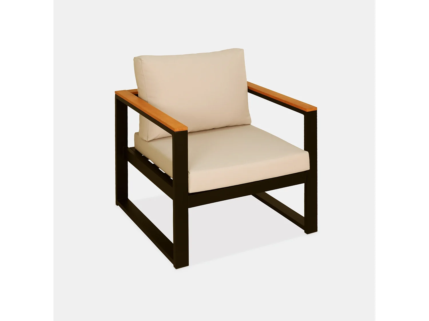 Salon de jardin 5 places en aluminium et eucalyptus – NAZCA – Structure noire. Coussins beige