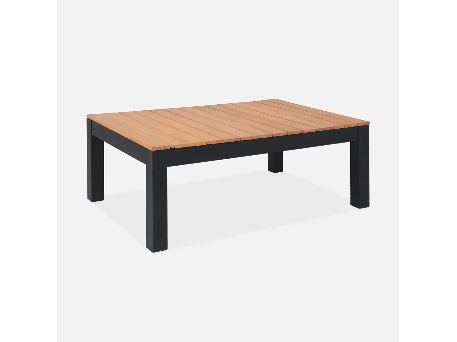 Salon de jardin 5 places en aluminium et eucalyptus – NAZCA – Structure noire. Coussins beige