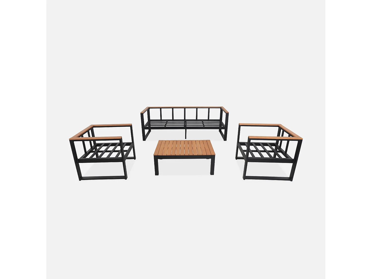 Salon de jardin 5 places en aluminium et eucalyptus – NAZCA – Structure noire. Coussins beige