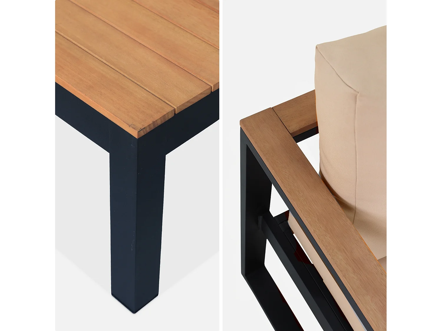 Salon de jardin 5 places en aluminium et eucalyptus – NAZCA – Structure noire. Coussins beige