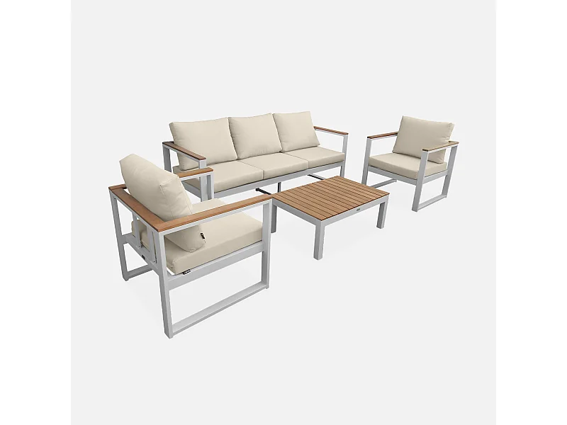 Conjunto de muebles de jardín en madera y aluminio, 5 plazas blanco