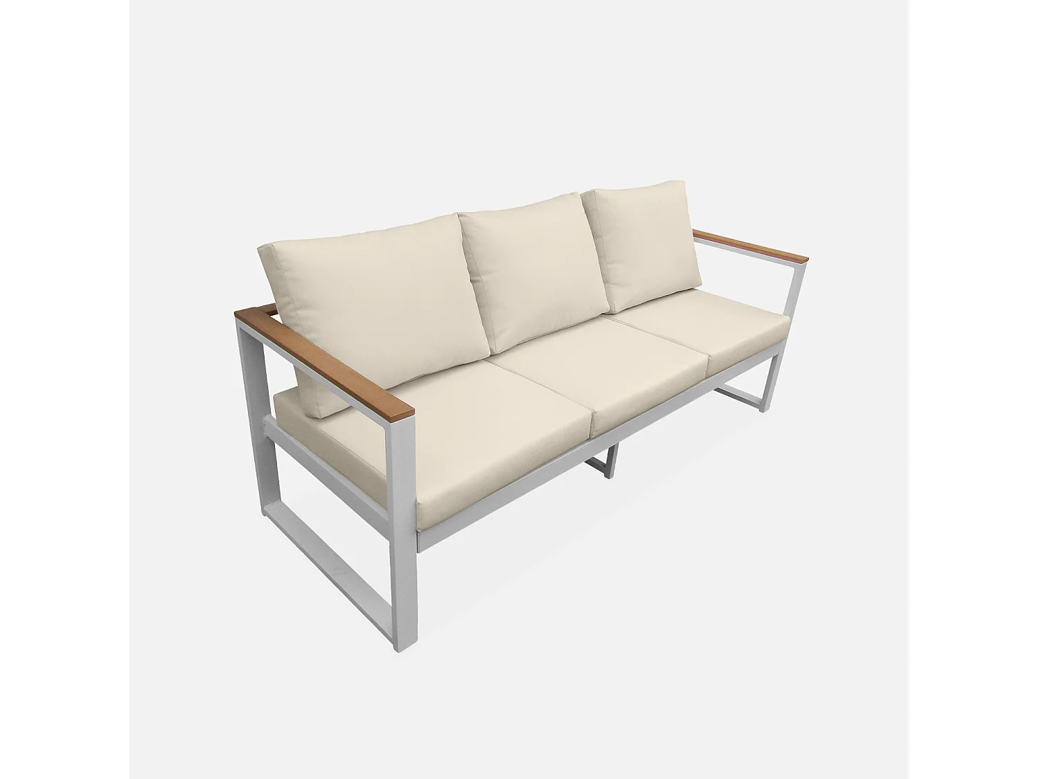 Salon de jardin 5 places en aluminium et eucalyptus – NAZCA – Structure blanche. Coussins beiges