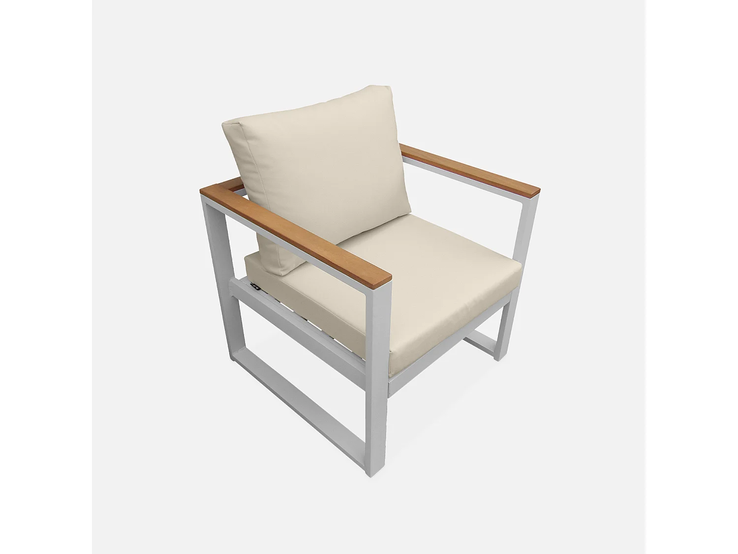 Salon de jardin 5 places en aluminium et eucalyptus – NAZCA – Structure blanche. Coussins beiges