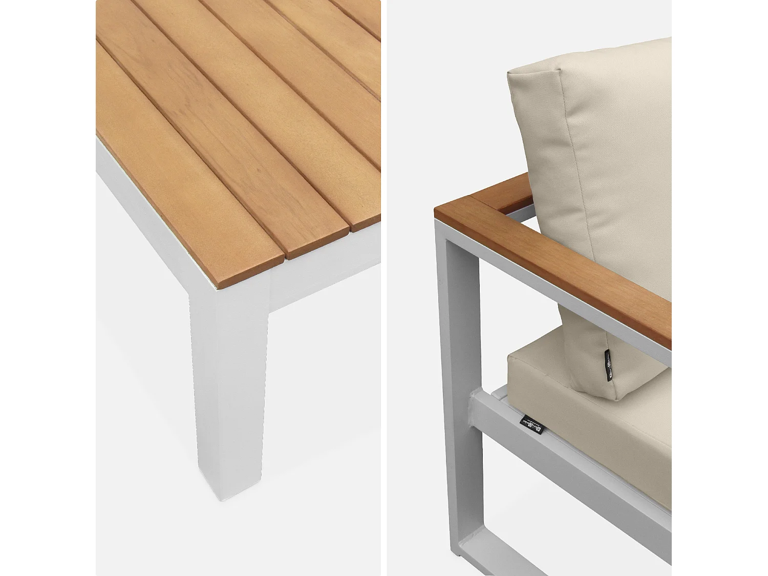 Salon de jardin 5 places en aluminium et eucalyptus – NAZCA – Structure blanche. Coussins beiges